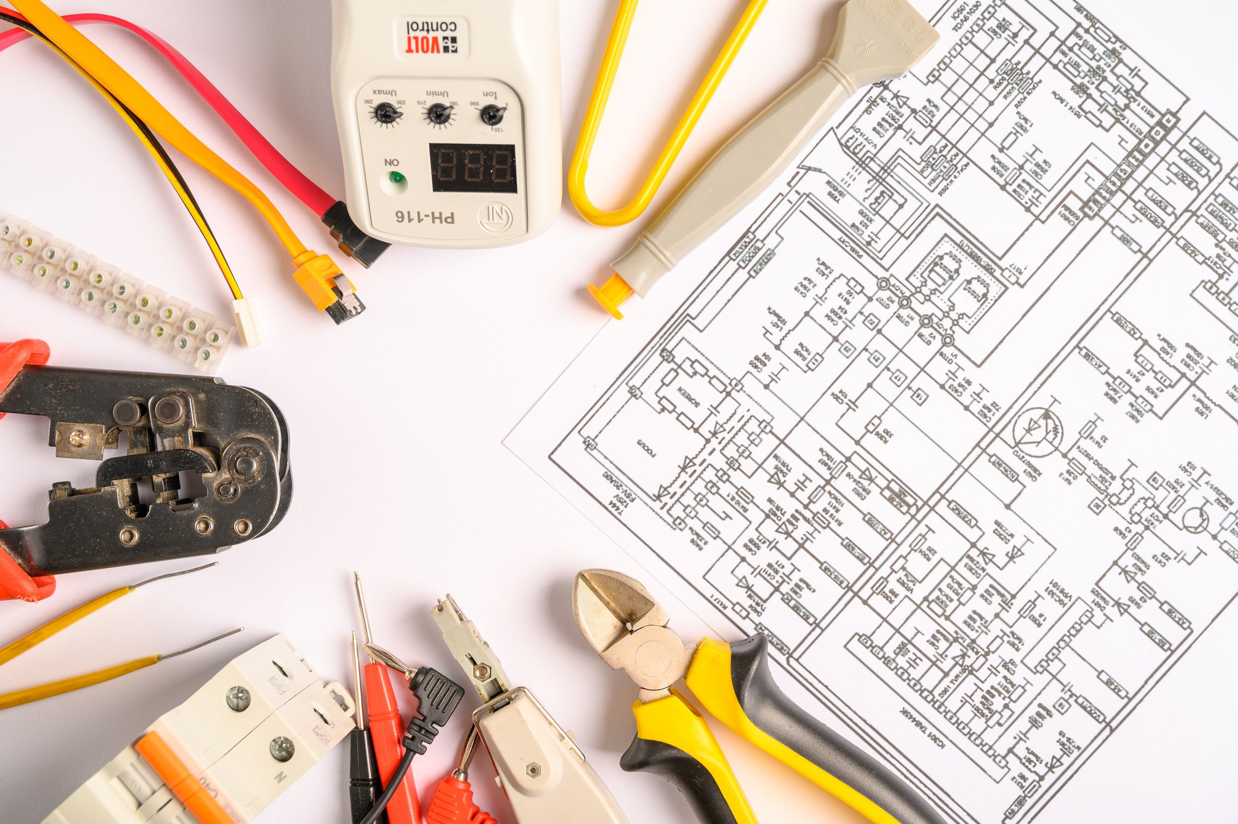 Different electrical tools on electrical engineering drawings . Top view.